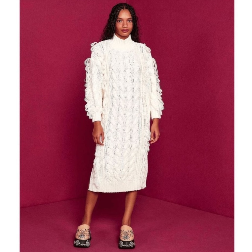 Farm Rio Fringed Cable Knit Midi Sweater Dress Off White Size Medium NWT